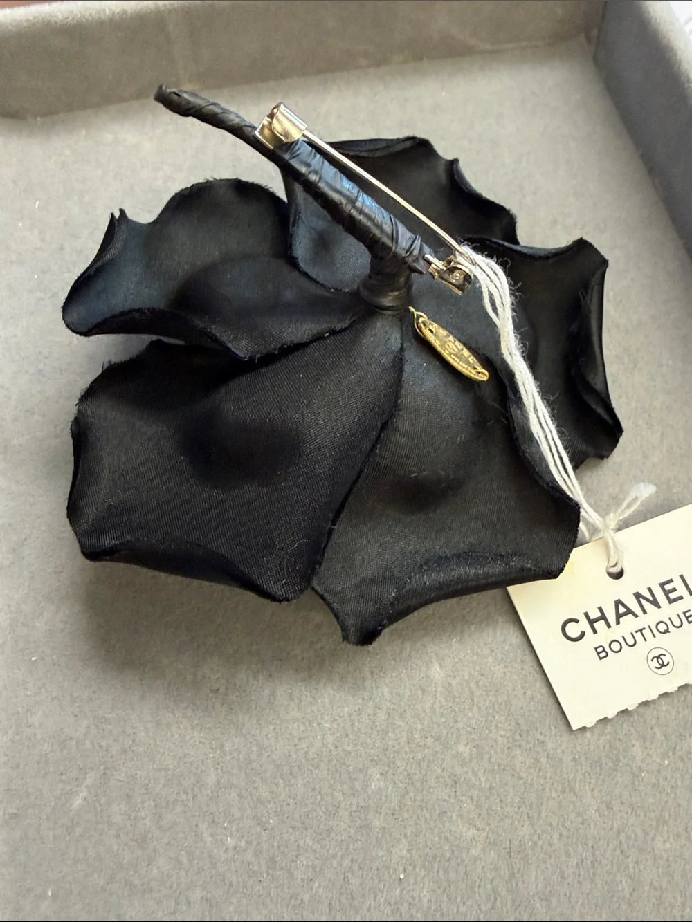 CHANEL Black Satin Rose Camellia Brooch